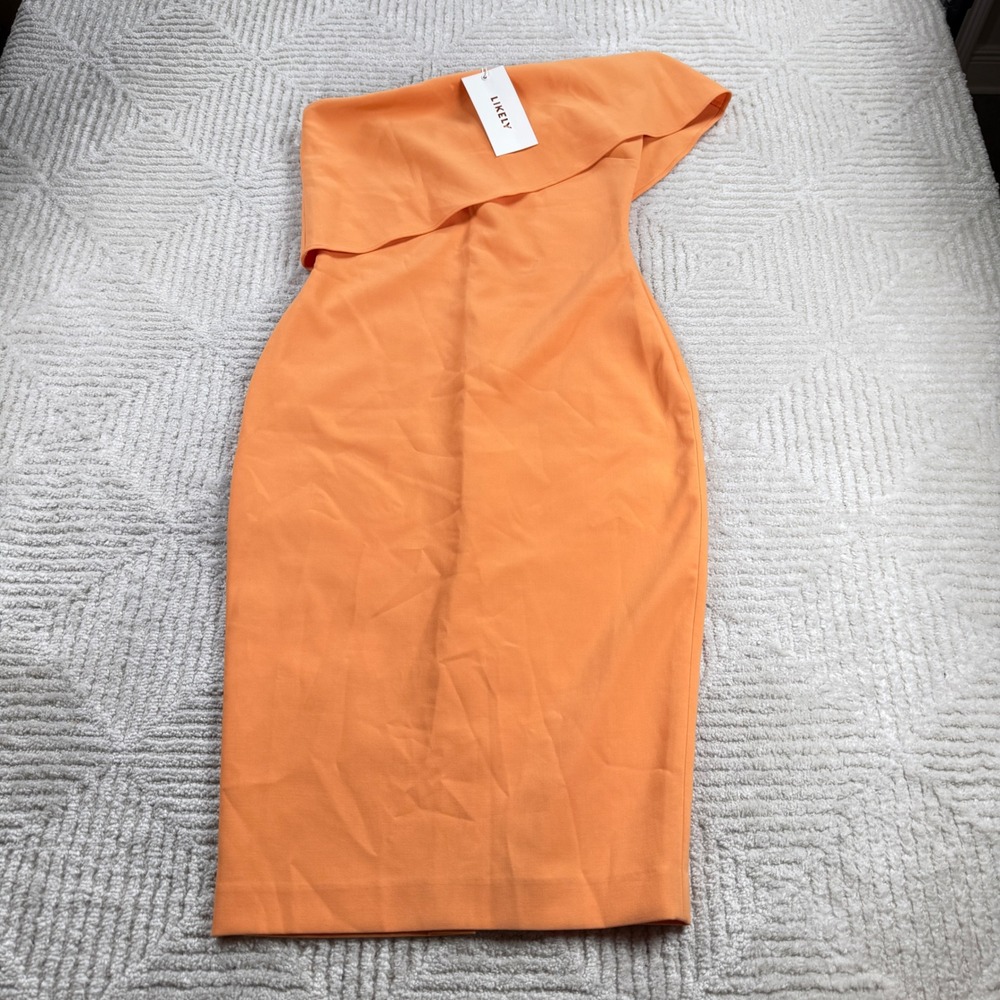 LIKELY Driggs Dress Womens 6 Orange One Shoulder Ruffle Bodycon Cocktail Midi